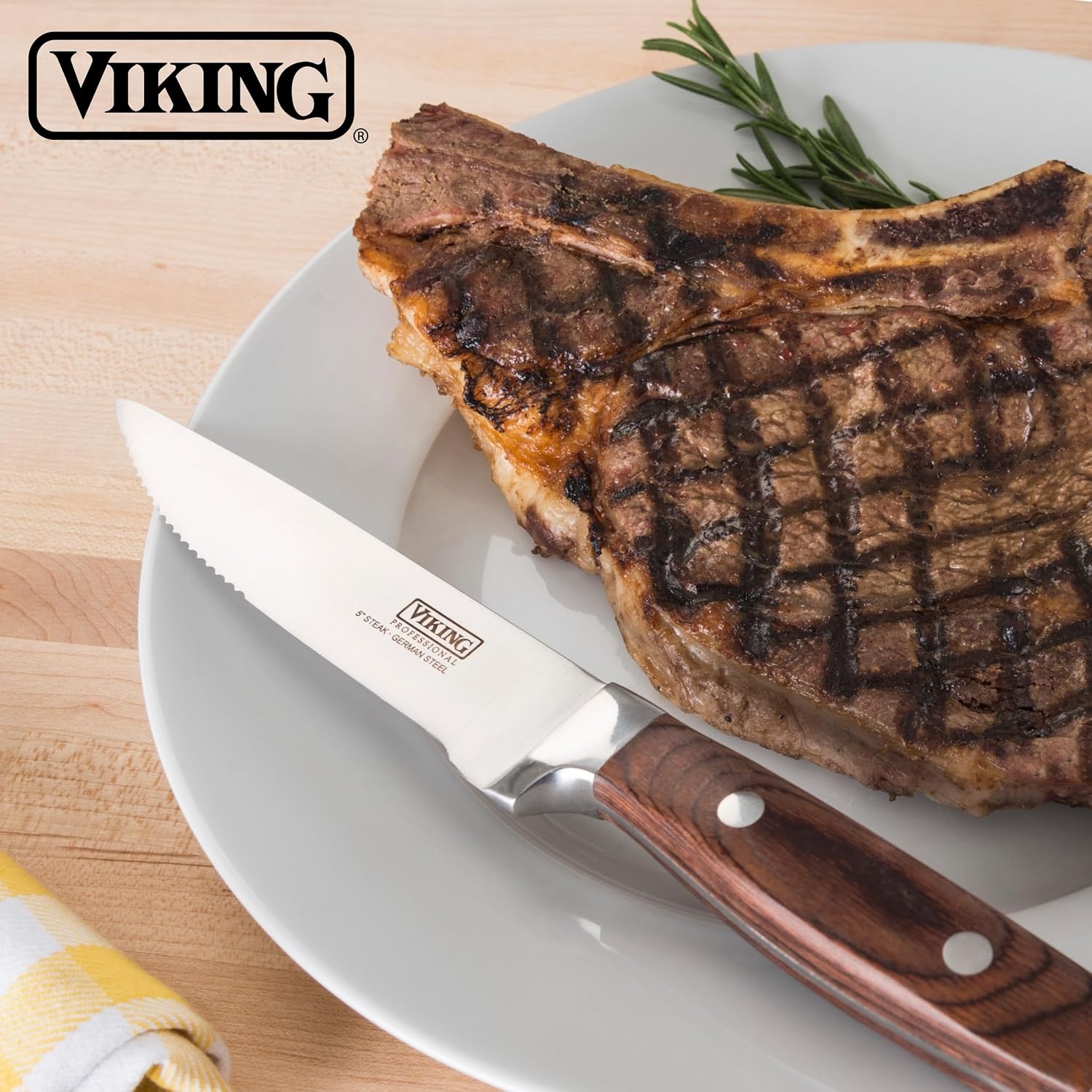 image:imageViking Steak Knife Set 6Piece German Stainless Steel Knives with Pakkawood Handles and Wooden Box Hand Wash Only RedRed