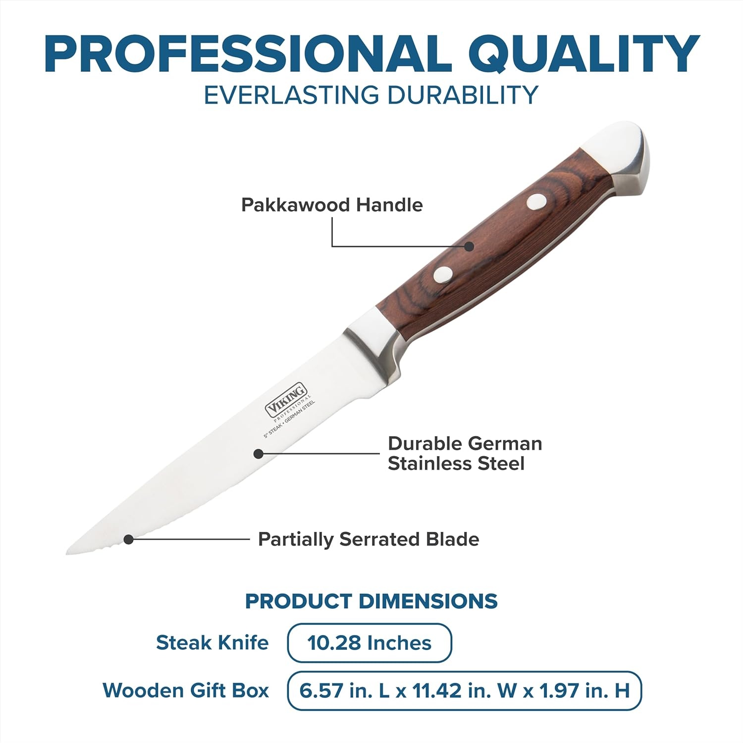 image:imageViking Steak Knife Set 6Piece German Stainless Steel Knives with Pakkawood Handles and Wooden Box Hand Wash Only RedRed