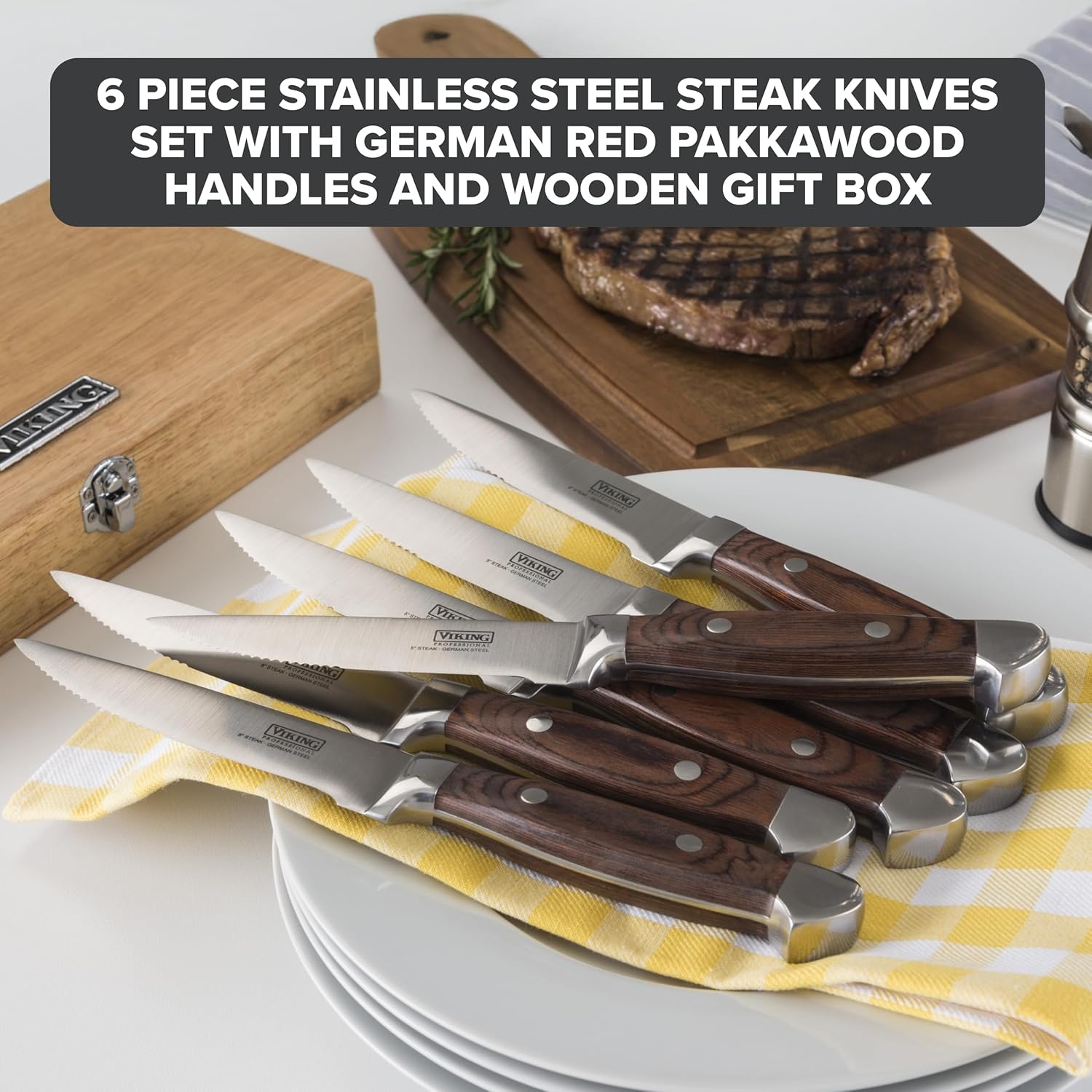 image:imageViking Steak Knife Set 6Piece German Stainless Steel Knives with Pakkawood Handles and Wooden Box Hand Wash Only RedRed