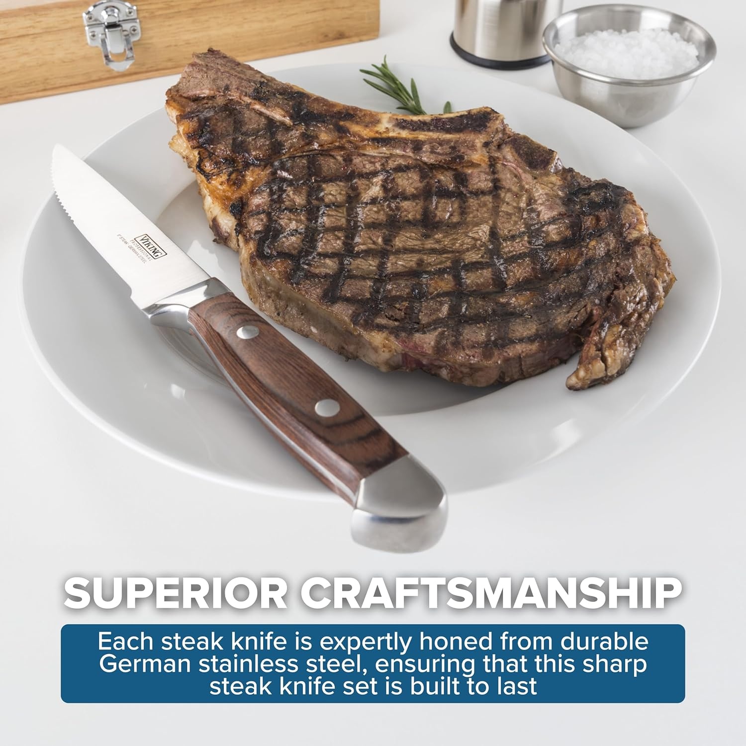 image:imageViking Steak Knife Set 6Piece German Stainless Steel Knives with Pakkawood Handles and Wooden Box Hand Wash Only RedRed