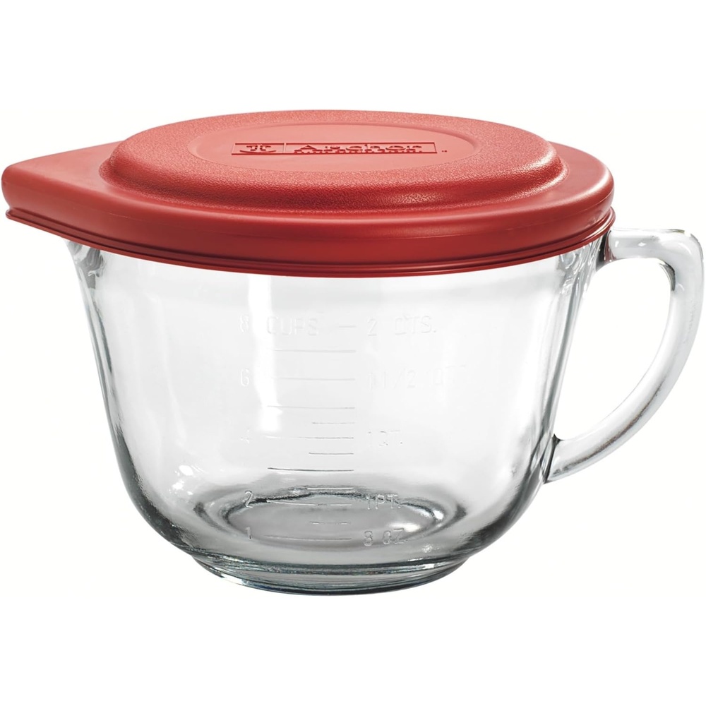 image:imageAnchor Hocking Batter Bowl 2 Quart Glass Mixing Bowl with Red LidRed Lid