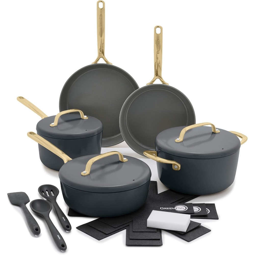 image:imageGreenPan GP5 Hard Anodized Healthy Ceramic Nonstick 14 Piece Cookware Pots and Pans SetHeavy Gauge Scratch ResistantStayFlat Surface Induction Mirror Finish HandleOven SafePFASFree BlueCharcoal Gray