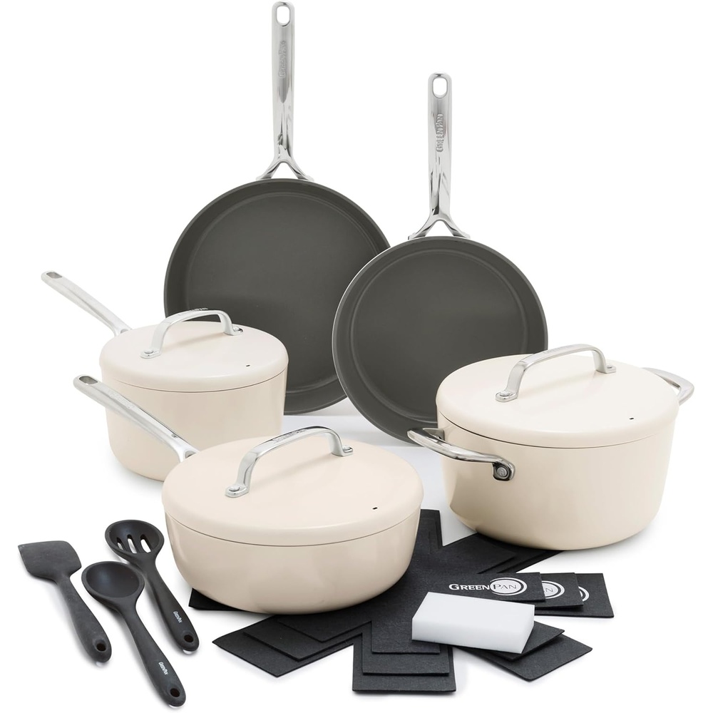 image:imageGreenPan GP5 Hard Anodized Healthy Ceramic Nonstick 14 Piece Cookware Pots and Pans SetHeavy Gauge Scratch ResistantStayFlat Surface Induction Mirror Finish HandleOven SafePFASFree BlueCream