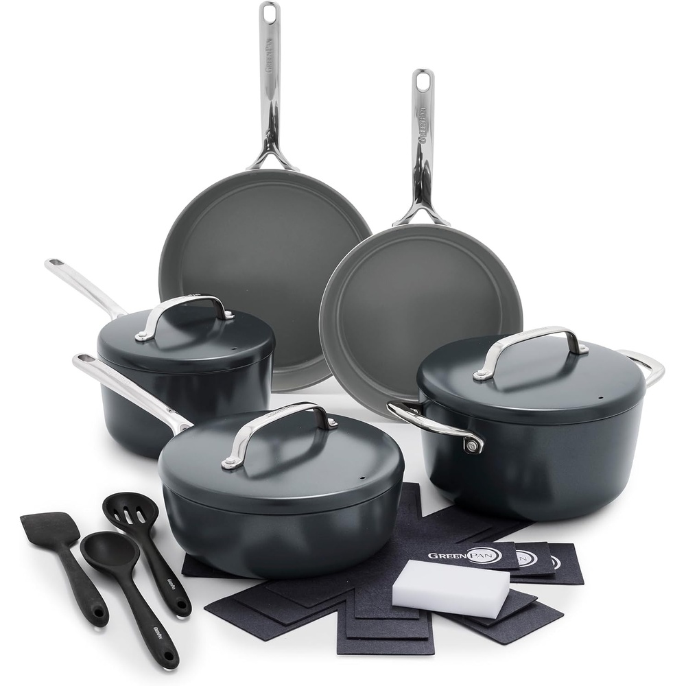 image:imageGreenPan GP5 Hard Anodized Healthy Ceramic Nonstick 14 Piece Cookware Pots and Pans SetHeavy Gauge Scratch ResistantStayFlat Surface Induction Mirror Finish HandleOven SafePFASFree BlueSlate