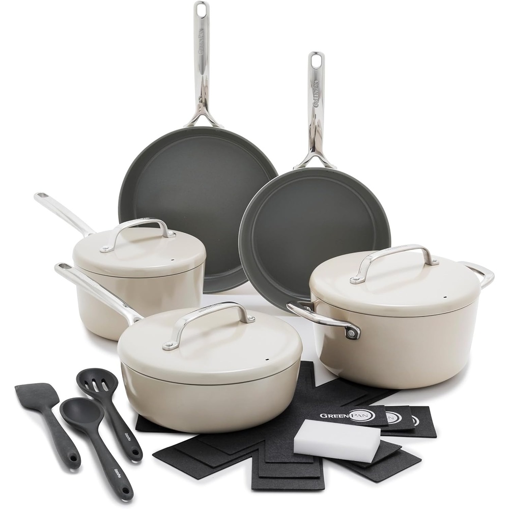 image:imageGreenPan GP5 Hard Anodized Healthy Ceramic Nonstick 14 Piece Cookware Pots and Pans SetHeavy Gauge Scratch ResistantStayFlat Surface Induction Mirror Finish HandleOven SafePFASFree BlueTaupe