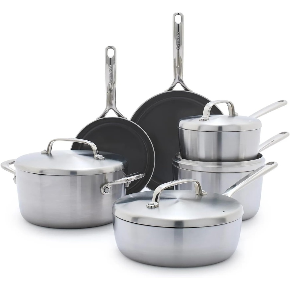 image:imageGreenPan GP5 Stainless Steel 5Ply Healthy Ceramic Nonstick 13 Piece Cookware Pots amp Pans Set Frying Pans Saut Saucepans Stock Pot Scratch Resistant InductionDishwasher amp Oven Safe PFASFree