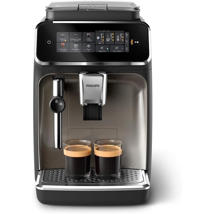 image:imagePhilips 3300 Series Fully Automatic Espresso Machine with integrated milk frother and grinder 5 Hot amp Iced Coffee PreSets 40 Quieter SilentBrew 15Bar Pressure Glossy Black EP332690 12Step Ceramic Grinder Classic Milk Frother 5 OneTouch Drinks Incl Iced Coffee Silentbrew 15 BarBlack Chrome