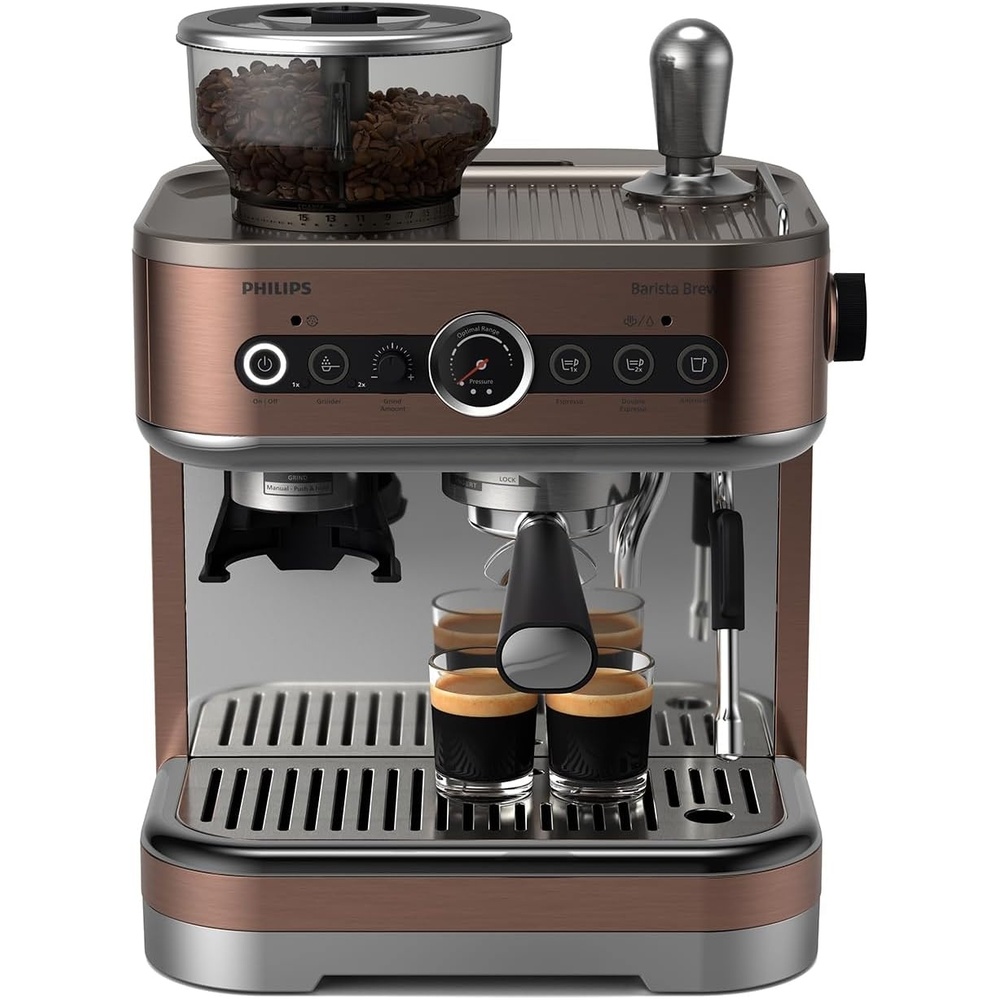 image:imagePhilips Barista Brew Semi Automatic Espresso Machine Single amp Double EspressoAmericano 250g Bean ContainerGrinderMilk Jug with temperature indicatorCalibrated TampingMetal Silver PSA321801Metal Cappuccino