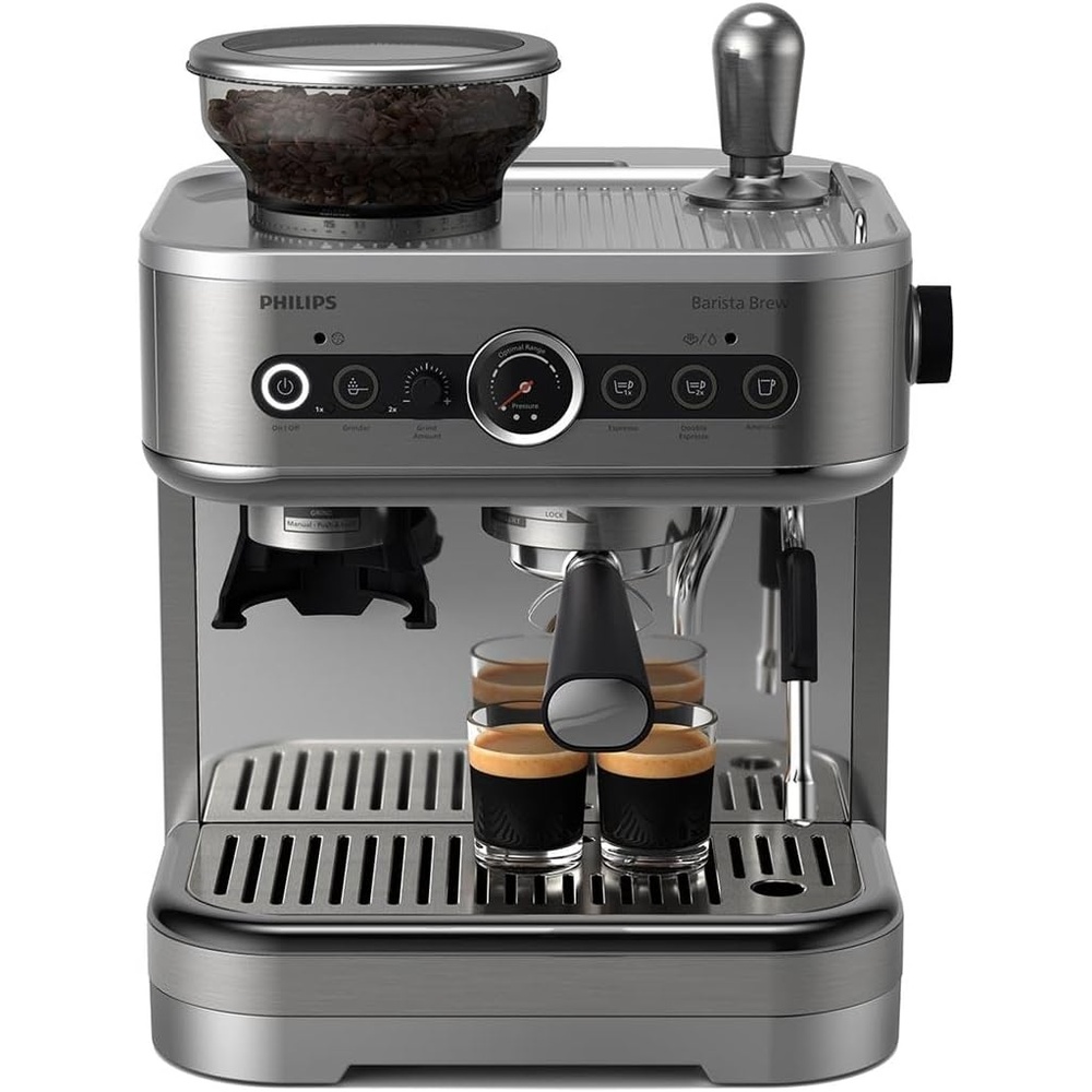 image:imagePhilips Barista Brew Semi Automatic Espresso Machine Single amp Double EspressoAmericano 250g Bean ContainerGrinderMilk Jug with temperature indicatorCalibrated TampingMetal Silver PSA321801Metal Silver