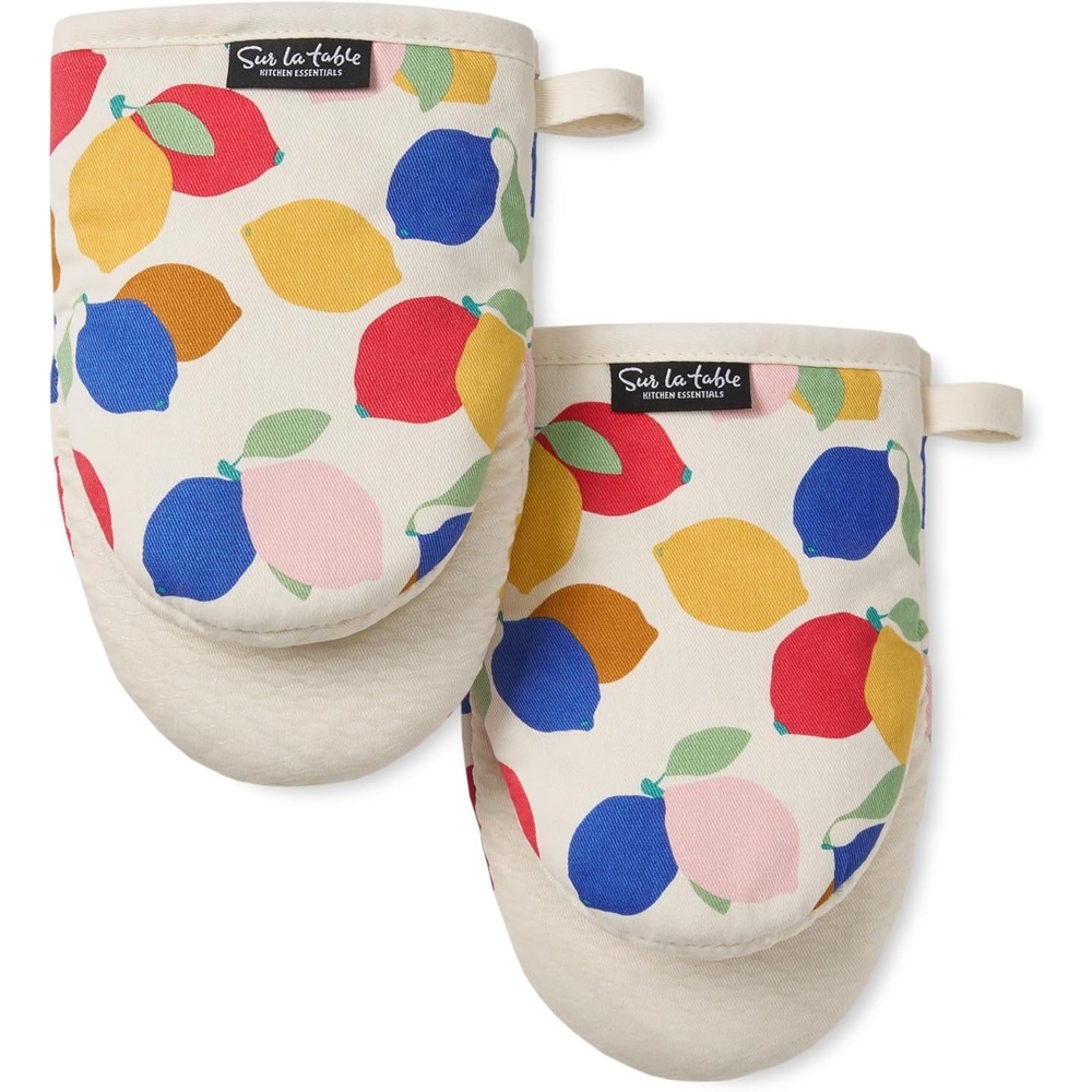 image:imageSUR LA Table Kitchen Essentials Lemon Zest Citrus Fruit Mini Oven Mitt 2Pack Set Heat Resistant 100 Cotton Flexible NonSlip Silicone Grip YellowBlueIvory 55x8YellowBlueIvory