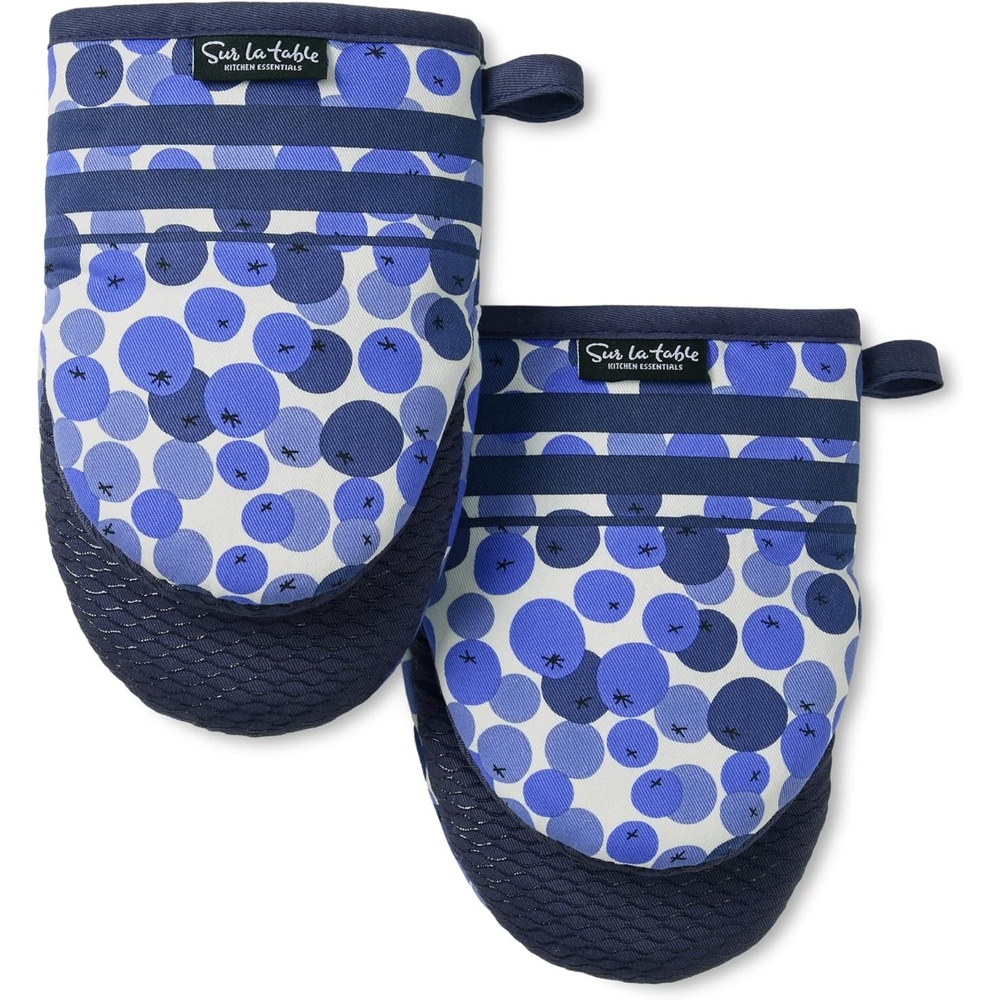 image:imageSUR LA Table Kitchen Essentials Lemon Zest Citrus Fruit Mini Oven Mitt 2Pack Set Heat Resistant 100 Cotton Flexible NonSlip Silicone Grip YellowBlueIvory 55x8BlueWhite