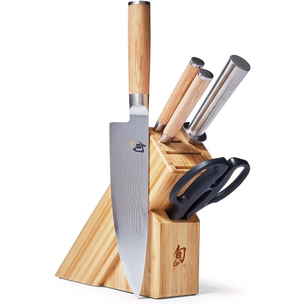 image:imageShun Classic Blonde 6Piece Knife Block Set with Damascus Steel  Includes 8 Chefs 4 Paring 6 Serrated Utility Knife amp Shears Damascus Stainless Steel Cladding Pakkawood Handle