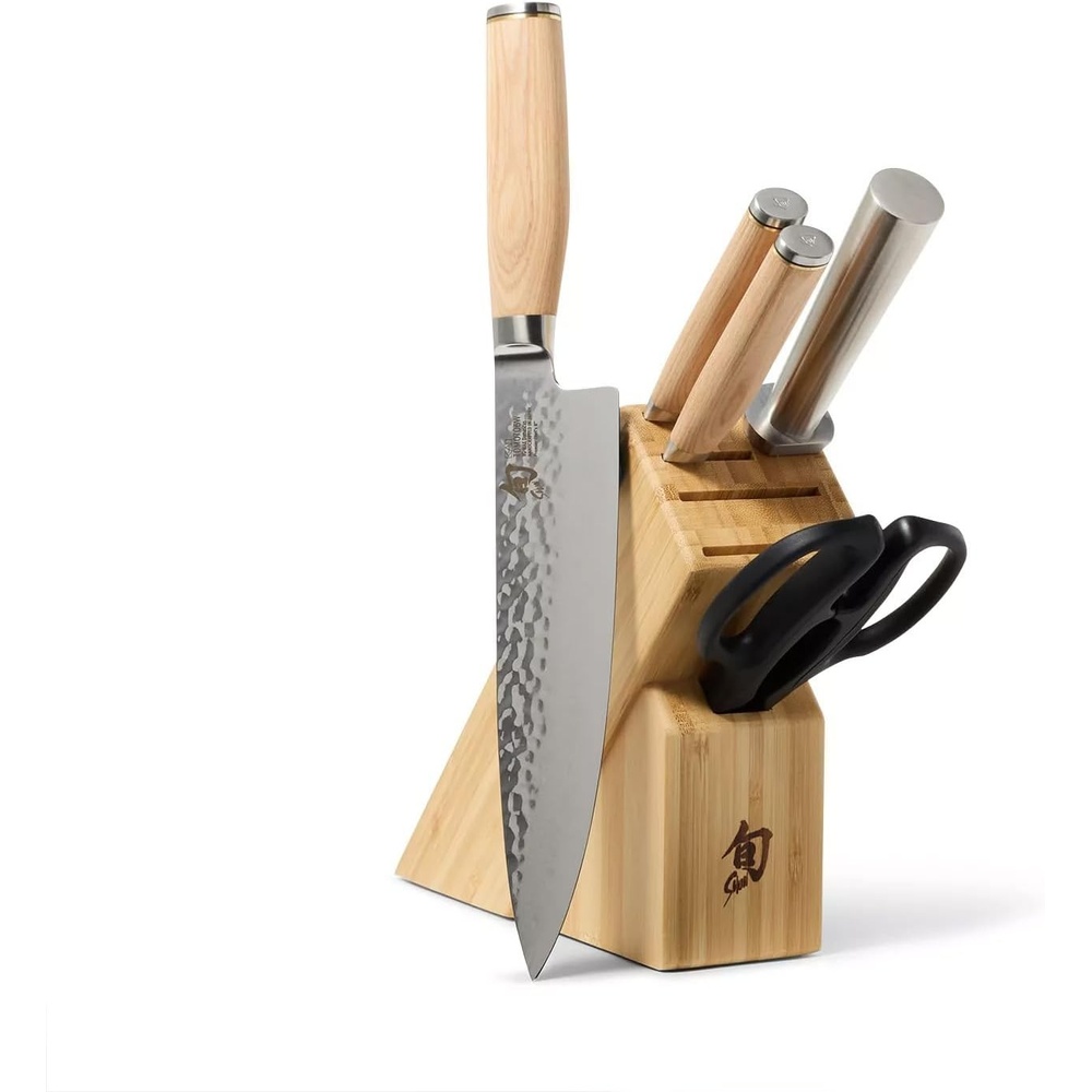 image:imageShun Premier Blonde 6Piece Block Set Damascus Pakkawood Includes 8 Chefs 4 Paring 65 Serrated Utility Knife amp Shears Damascus Stainless Steel Cladding Pakkawood Handle