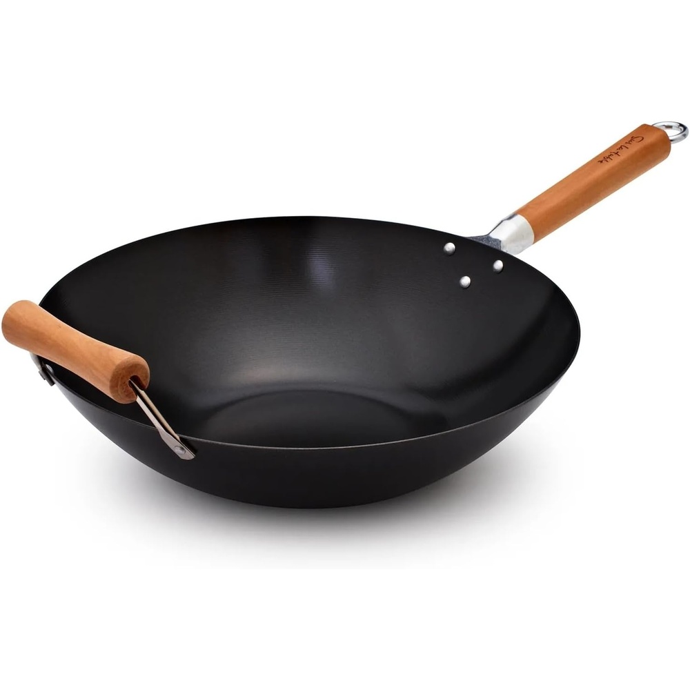 image:imageSur La Table 14 Nonstick Wok with Maple Handle Steel StirFry Pan with Flat Bottom for Even Heating Healthy Cooking with Little to No Oil Lightweight and Induction CompatibleBlack