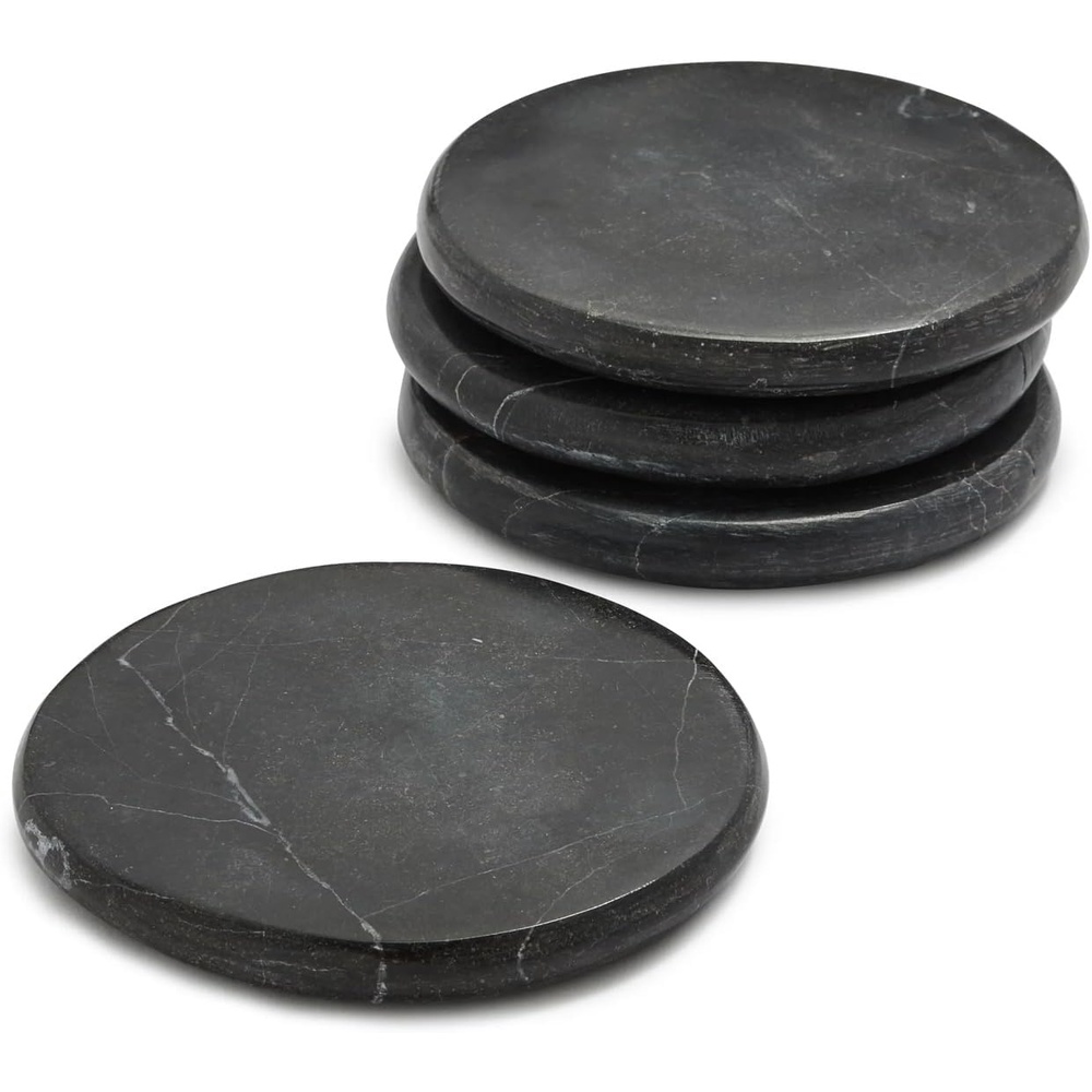 image:imageSur La Table Black Marquina Marble Coasters Set of 4 Handmade Stone Drink Coasters 4 Round Protects Surfaces with Elegant Modern Style