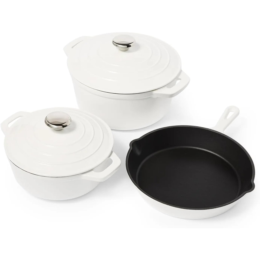 image:imageSur La Table Enameled Cast Iron Cookware Set Includes 5Qt amp 25Qt Dutch Ovens with Lids and 10 Skillet Oven to 500F Induction Compatible Essential Starter Gift Set Light BlueWhite