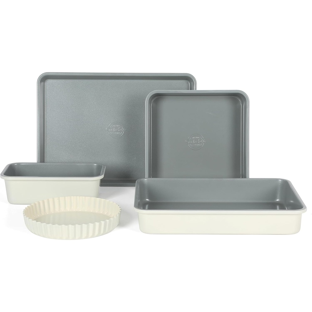 image:imageSur La Table Kitchen Essential Carbon Steel Baking Pans Bakeware Set WPremium PFOA PFAS PTFE Free Grey Nonstick Interior Black ExteriorLinen White