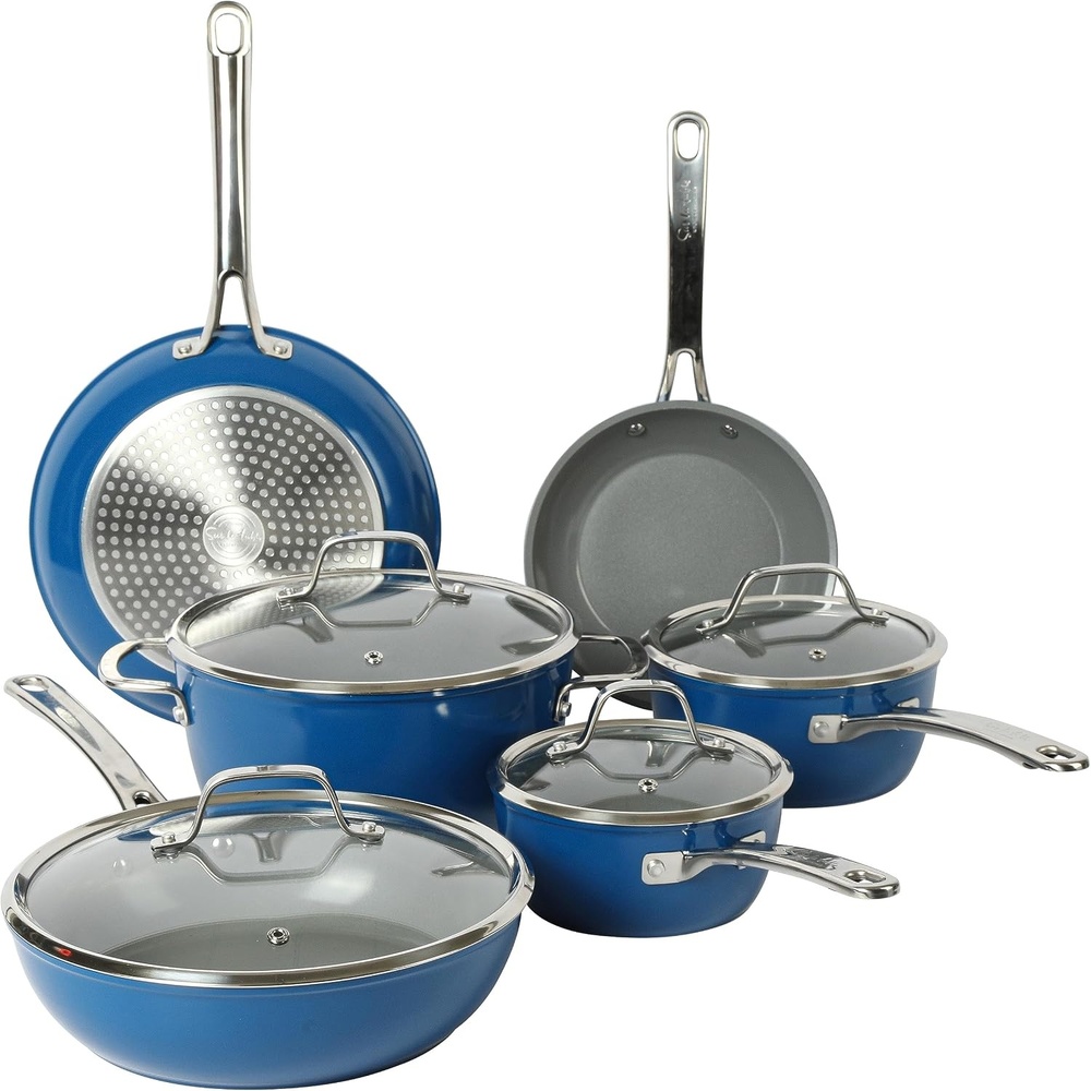 image:imageSur La Table Kitchen Essentials 10 Piece PFA Free Titanium Ceramic Nonstick Interior Forged Aluminum Cookware Pots and Pans Set Black Induction CompatibleBlue