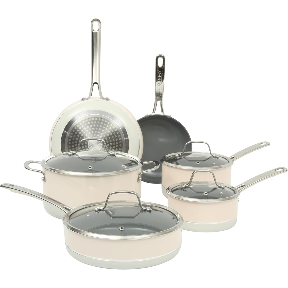 image:imageSur La Table Kitchen Essentials 10 Piece PFA Free Titanium Ceramic Nonstick Interior Forged Aluminum Cookware Pots and Pans Set Black Induction CompatibleTwoTone White Silver