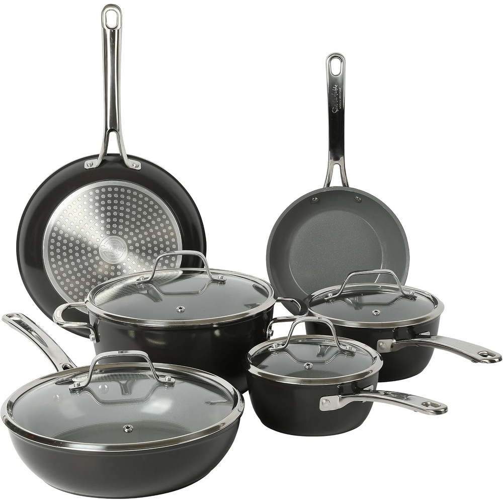 image:imageSur La Table Kitchen Essentials 10 Piece PFA Free Titanium Ceramic Nonstick Interior Forged Aluminum Cookware Pots and Pans Set Black Induction CompatibleBlack