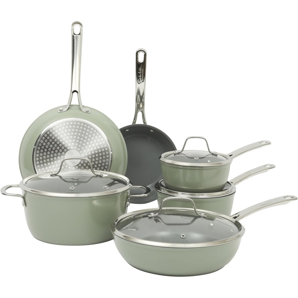 image:imageSur La Table Kitchen Essentials Cool Commune Hard Anodized 10 Piece PFA Free Ceramic Non stick Interior Forged Durable Aluminum Pots and Pans Cookware Set Black Induction CompatibleGreen Hard Anodized Aluminum