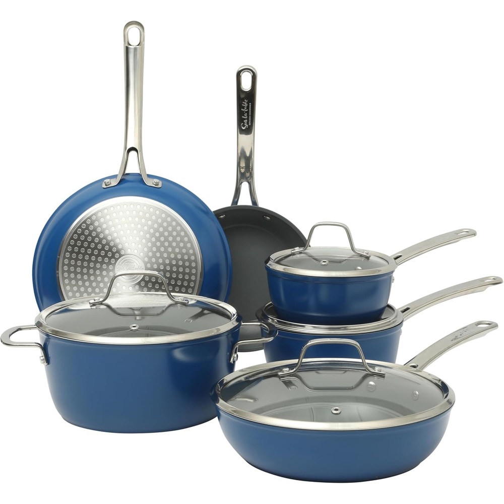 image:imageSur La Table Kitchen Essentials Cool Commune Hard Anodized 10 Piece PFA Free Ceramic Non stick Interior Forged Durable Aluminum Pots and Pans Cookware Set Black Induction CompatibleBlue Hard Anodized Aluminum