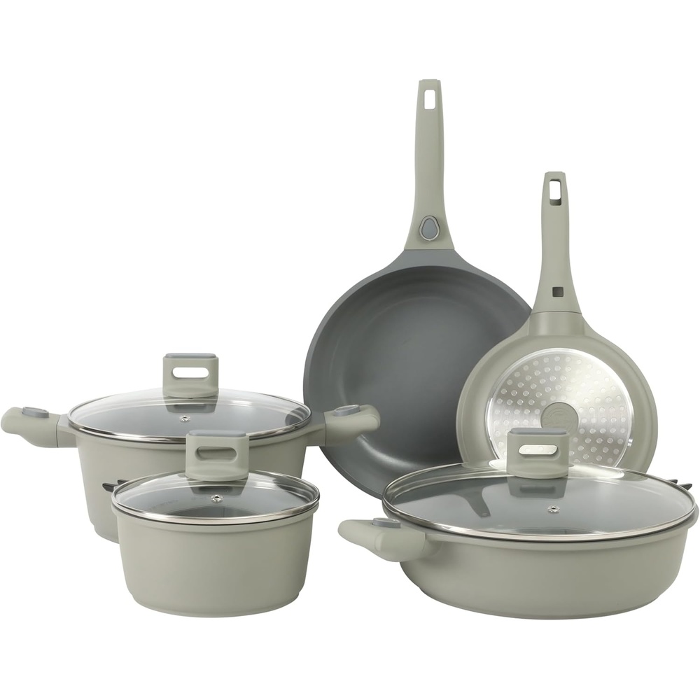 image:imageSur La Table Kitchen Essentials Craft Studio Cast Aluminum Detachable Handle 8 and 10 Inch Skillet Fry Pan Set wPFA Free Ceramic Non Stick Removable Handle Induction Safe Eggshell WhiteJuniper Green