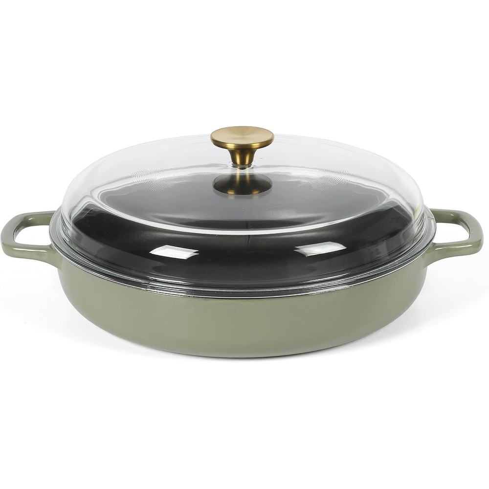 image:imageSur La Table Kitchen Essentials Supper Club 375 Quart Enamel Cast Iron All In One MultiPurpose NonToxic Nonstick Braiser Pan WBorosilicate Glass Lid  Juniper GreenJuniper Green Braiser