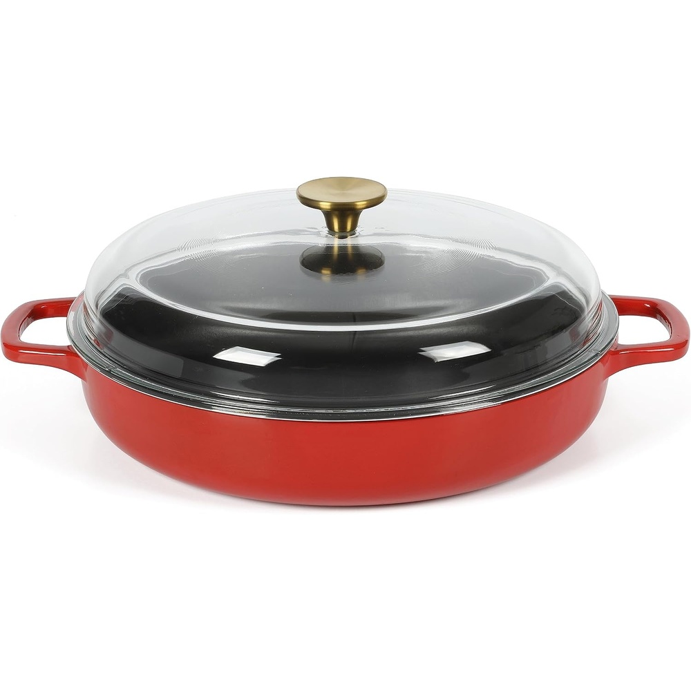 image:imageSur La Table Kitchen Essentials Supper Club 375 Quart Enamel Cast Iron All In One MultiPurpose NonToxic Nonstick Braiser Pan WBorosilicate Glass Lid  Juniper GreenRed Braiser
