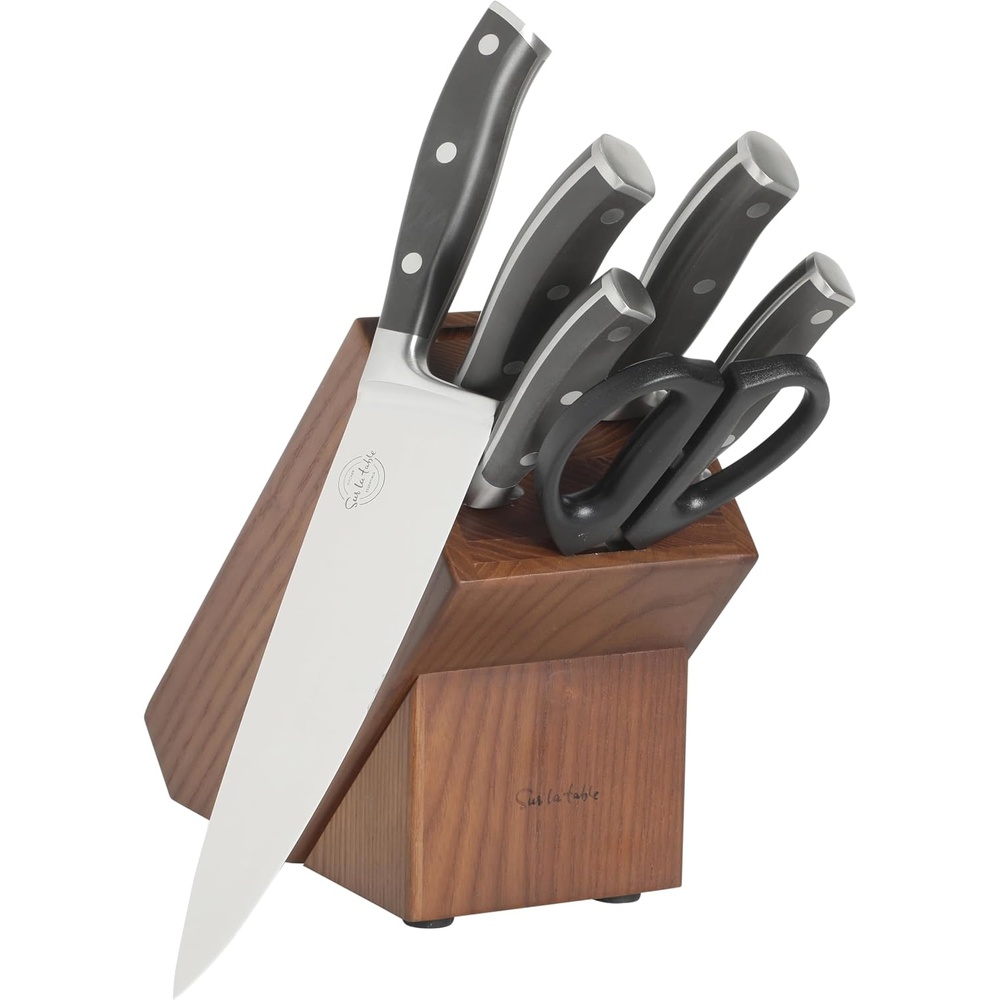 image:imageSur La Table Kitchen Essentials Tasting Kitchen HighCarbon German Steel 7 Piece Full Tang Forged Cutlery Knife Block Set  Black WAshwood BlockBlack