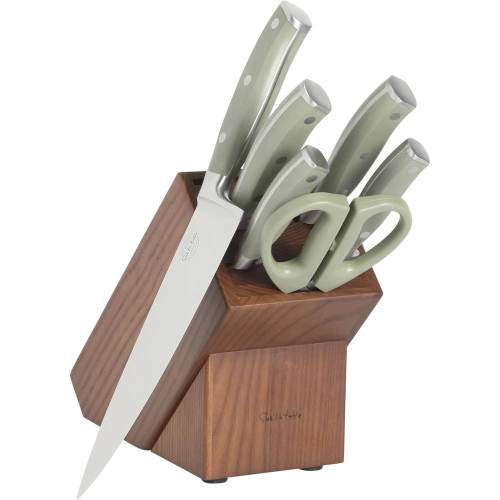 image:imageSur La Table Kitchen Essentials Tasting Kitchen HighCarbon German Steel 7 Piece Full Tang Forged Cutlery Knife Block Set  Black WAshwood BlockJuniper Green w Ashwood Block
