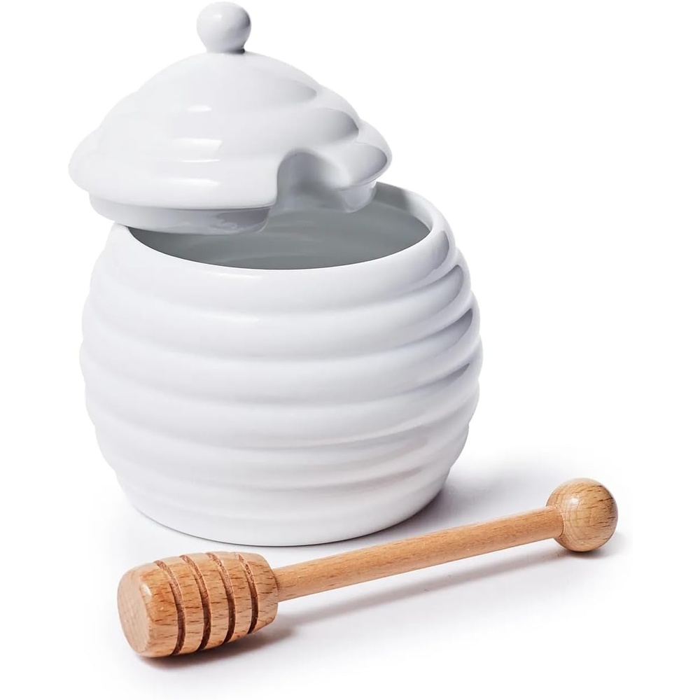 image:imageSur La Table Porcelain Honey Pot Lidded White Porcelain Honey Jar with Dipper for Counter Storage and Table Service