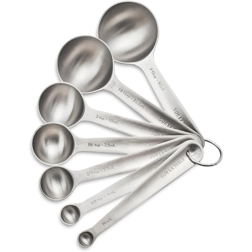 image:imageSur La Table Stainless Steel Measuring Spoons Set 7Piece Nesting Set with Odd Sizes Round Spoon Heads Fit Spice Jars Includes Storage Ring Dishwasher Baking Tools