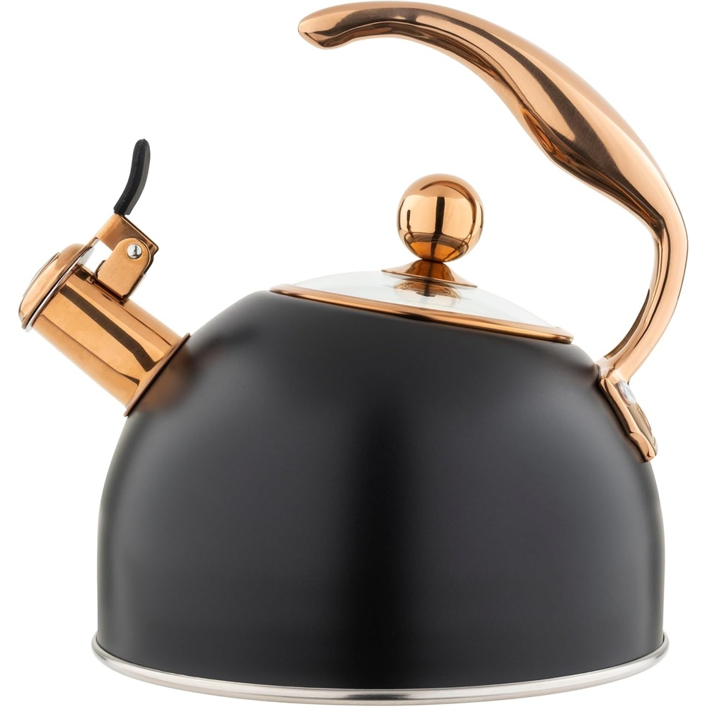 image:imageViking 3Ply Stainless Steel Tea Kettle 26 Quart Stovetop Hot Water Pot with Tempered Glass Lid Ergonomic Handle Induction Ready Slate and BlueMatte Black and Copper