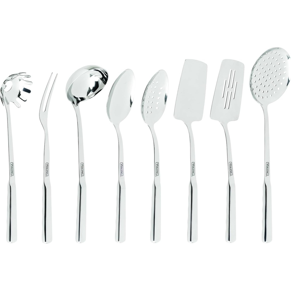 image:imageViking Kitchen Utensils Set 6 Piece Stainless Steel Cooking Utensil Set Includes Spatulas Spoons Pasta Fork and Deep Ladle Hollow Forged Silver8Piece Set Pack of 6