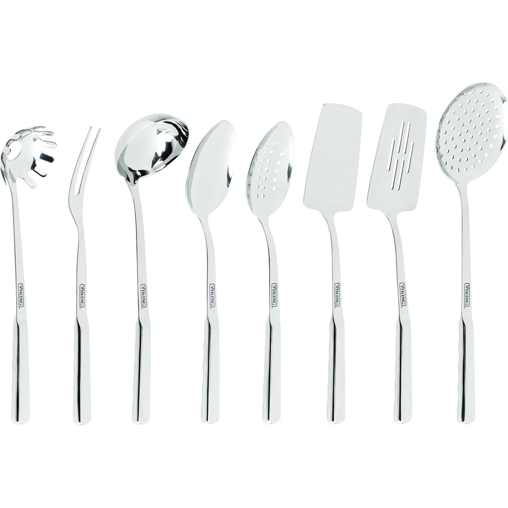 image:imageViking Kitchen Utensils Set 6 Piece Stainless Steel Cooking Utensil Set Includes Spatulas Spoons Pasta Fork and Deep Ladle Hollow Forged Silver8Piece Set
