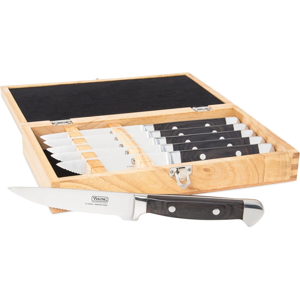 image:imageViking Steak Knife Set 6Piece German Stainless Steel Knives with Pakkawood Handles and Wooden Box Hand Wash Only RedBlack