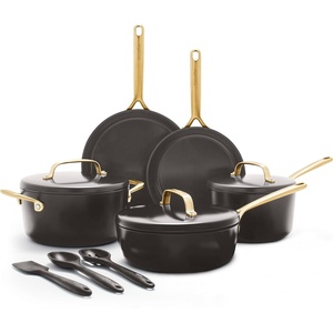 GreenPan GP5 Hard Anodized Healthy Ceramic Nonstick 14 Piece Cookware Pots and Pans Set,Heavy Gauge Scratch Resistant,Stay-Flat Surface, Induction, Mirror Finish Handle,Oven Safe,PFAS-Free, Blue(Black)