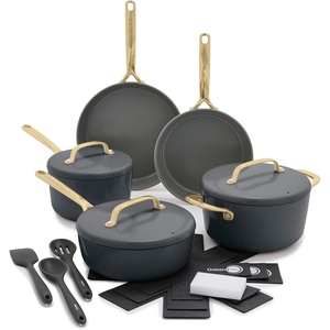 GreenPan GP5 Hard Anodized Healthy Ceramic Nonstick 14 Piece Cookware Pots and Pans Set,Heavy Gauge Scratch Resistant,Stay-Flat Surface, Induction, Mirror Finish Handle,Oven Safe,PFAS-Free, Blue(Charcoal Gray)