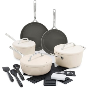 GreenPan GP5 Hard Anodized Healthy Ceramic Nonstick 14 Piece Cookware Pots and Pans Set,Heavy Gauge Scratch Resistant,Stay-Flat Surface, Induction, Mirror Finish Handle,Oven Safe,PFAS-Free, Blue(Cream)