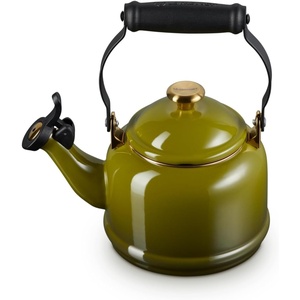 Le Creuset Enamel On Steel Demi Tea Kettle with Metal Finishes, 1.25 qt., Flame(Olive)