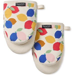 SUR LA Table Kitchen Essentials Lemon Zest Citrus Fruit Mini Oven Mitt 2-Pack Set, Heat Resistant, 100% Cotton, Flexible Non-Slip Silicone Grip, Yellow/Blue/Ivory, 5.5″x8″(Yellow/Blue/Ivory)