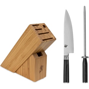 Shun Classic Blonde 5 Piece Starter Block Set, Includes 8″ Chef, 3.5″ Paring & 6″ Utility Knives, Handcrafted Japanese Knife Block Set, Damascus Stainless Steel Cladding, Pakkawood Handle(Black)