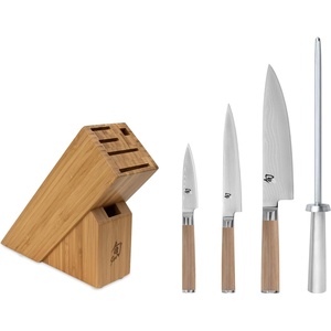 Shun Classic Blonde 5 Piece Starter Block Set, Includes 8″ Chef, 3.5″ Paring & 6″ Utility Knives, Handcrafted Japanese Knife Block Set, Damascus Stainless Steel Cladding, Pakkawood Handle(Blonde)