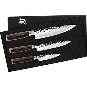 Shun Premier Blonde 3 Piece Starter Set | Includes 8″ Chef, 4″ Paring & 6.5″ Utility Knives, Handcrafted, Damascus Stainless Steel Cladding, Pakkawood Handle(Brown)