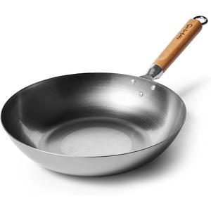 Sur La Table 12″ Carbon-Steel Wok, Flat Bottom Pan for High-Heat Cooking – Ideal for Deep-Frying, Steaming, and Stir-Frying– Lightweight, Fast Heating(Gray)