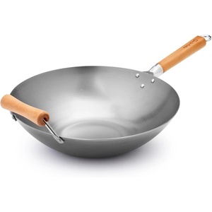Sur La Table 12″ Carbon-Steel Wok, Flat Bottom Pan for High-Heat Cooking – Ideal for Deep-Frying, Steaming, and Stir-Frying– Lightweight, Fast Heating(Silver)
