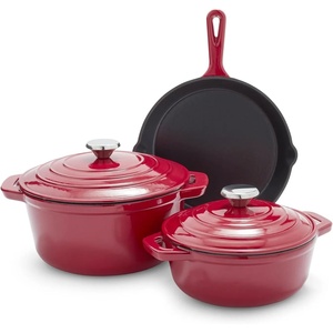 Sur La Table Enameled Cast Iron Cookware Set – Includes 5-Qt & 2.5-Qt Dutch Ovens with Lids and 10″ Skillet, Oven to 500°F, Induction Compatible, Essential Starter Gift Set, Light Blue(Red)