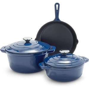 Sur La Table Enameled Cast Iron Cookware Set – Includes 5-Qt & 2.5-Qt Dutch Ovens with Lids and 10″ Skillet, Oven to 500°F, Induction Compatible, Essential Starter Gift Set, Light Blue(Blue)