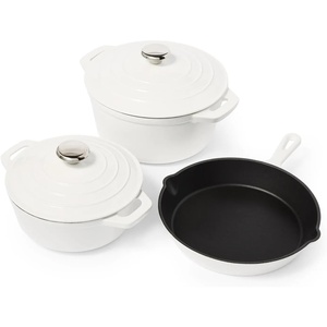 Sur La Table Enameled Cast Iron Cookware Set – Includes 5-Qt & 2.5-Qt Dutch Ovens with Lids and 10″ Skillet, Oven to 500°F, Induction Compatible, Essential Starter Gift Set, Light Blue(White)